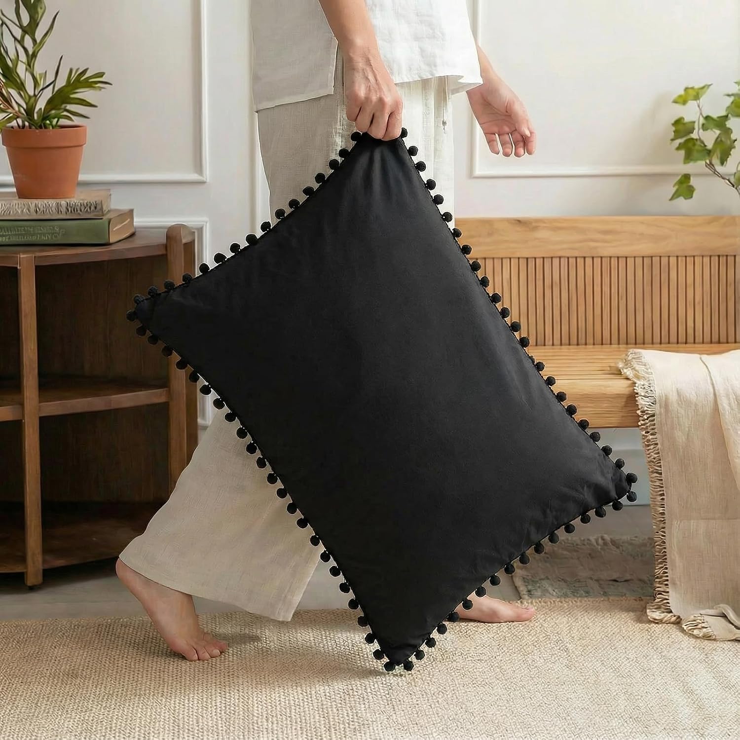 Moveover Black Pom Poms Pillowcases, Black Queen Pillow Cases Set of 2, 100% Washed Microfiber, Ball Fringe Pillow Cover, 2 Pack 2 Pack Bla…