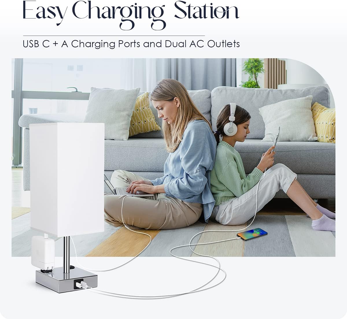Bedside Lamp with USB Ports - Touch Control Table Lamp for Bedroom with USB C+A Charging Ports & AC Outlets, 3 Way Dimmable Nightstand…