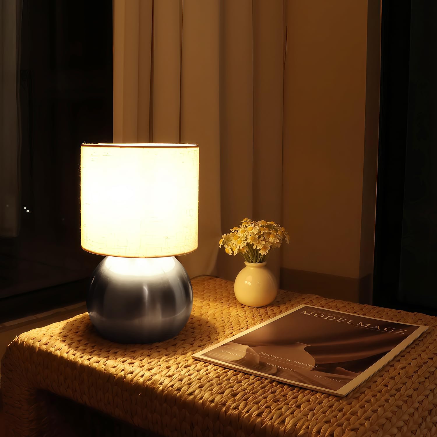Modern Silvery Small Table Lamp with Cotton Linen Shade, 10.4-inch LED Desk Light, One-Button Switch for Bedroom, Living Room…
