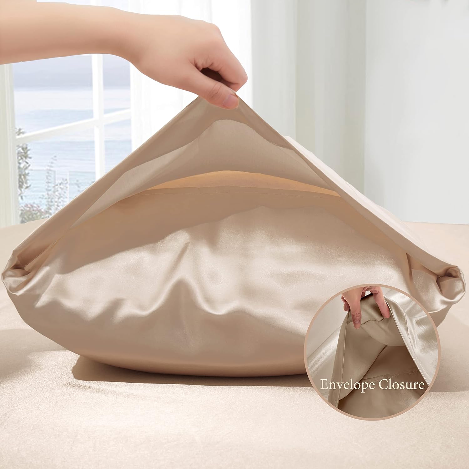 VACVELT 4pc Queen Size Beige Satin Bed Set, Deep Pocket Silky Satin Sheets, Luxury Cooling Bedding Set, 1 Fitted + 1 Flat + 2 Pillowcases