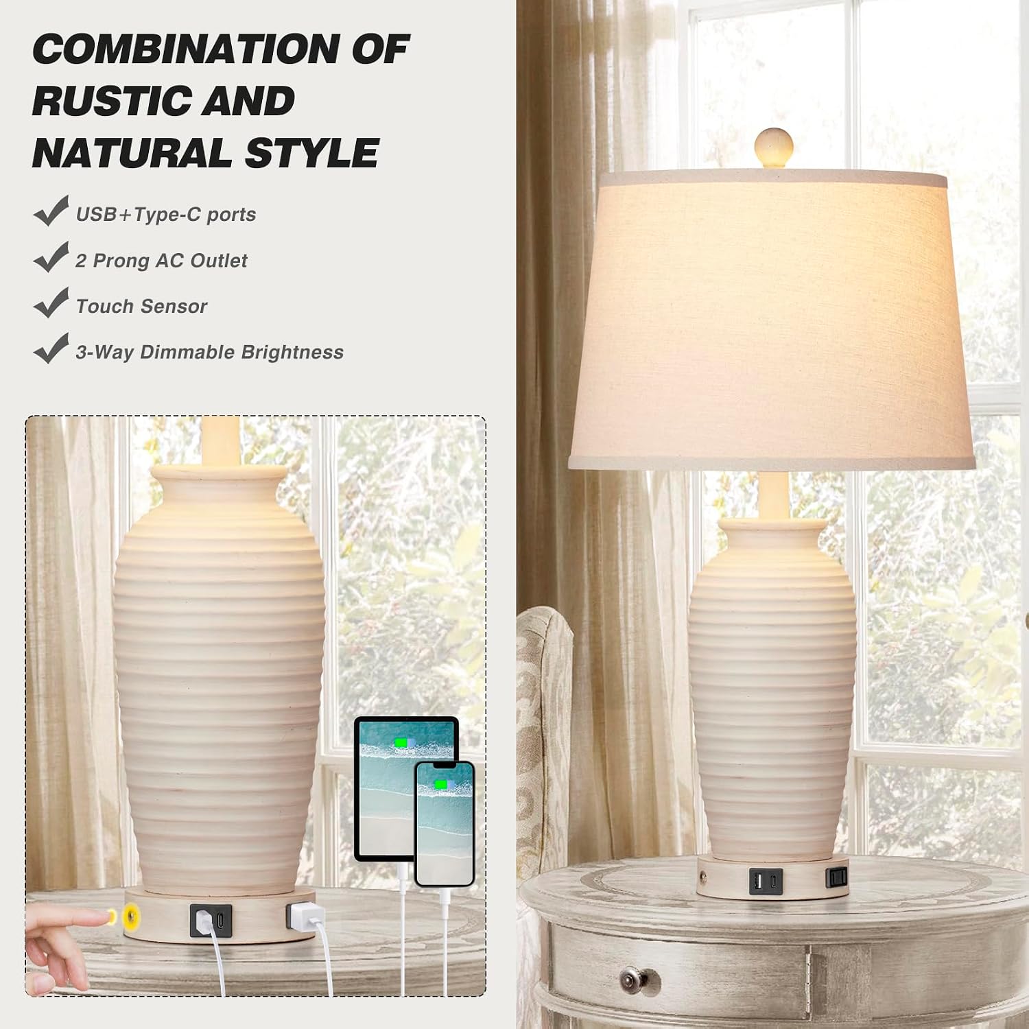 CINSARY 24.3" Farmhouse Jar Table Lamps Set of 2, 3 Way Touch Control Rustic Bedside Lamps with USB A+C Ports & AC Outlet, Pot Nightstand…