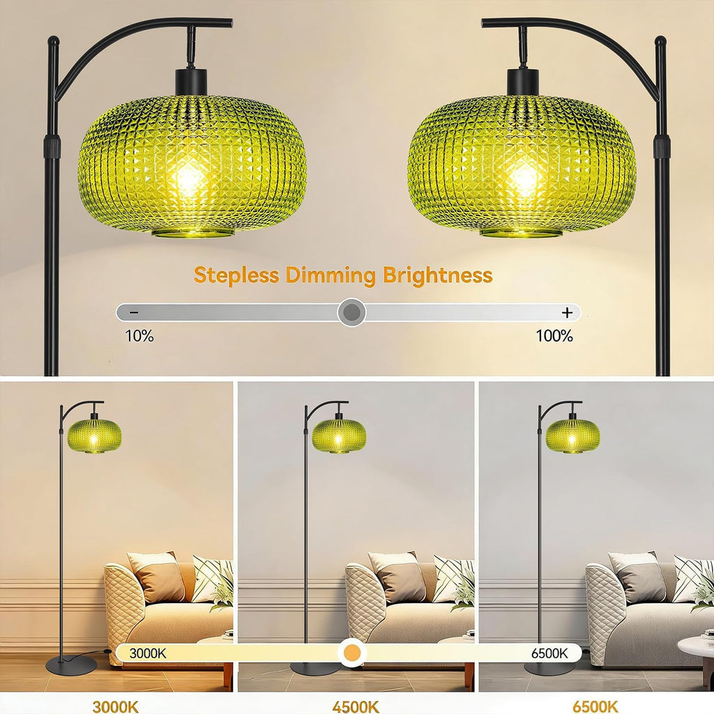 Floor Lamp for Living Room with Green Glass Shade, Modern Standing Lamp with Remote Control, Black Dimmable Tall Lamp for Bedroom Office…