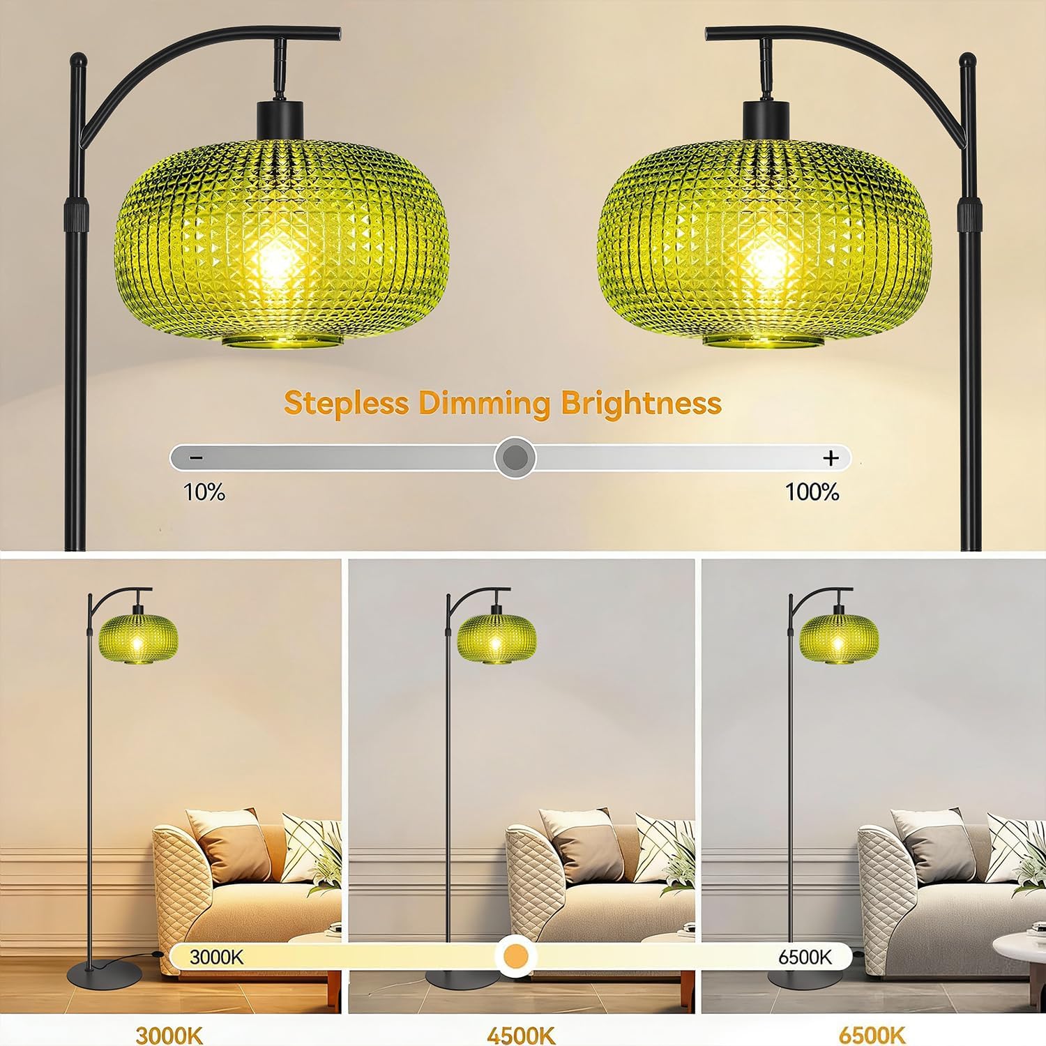 Floor Lamp for Living Room with Green Glass Shade, Modern Standing Lamp with Remote Control, Black Dimmable Tall Lamp for Bedroom Office…