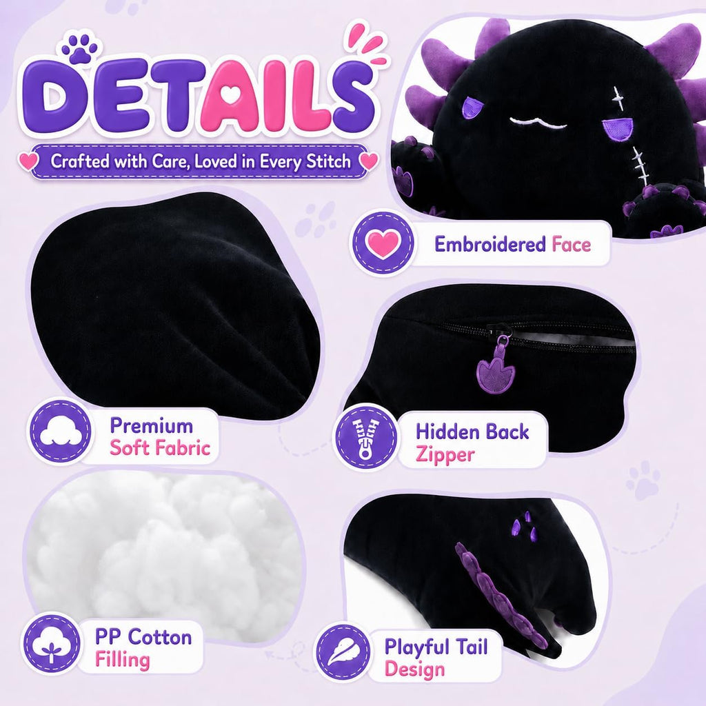 Long Axolotl Stuffed Animals 35.4 Inch, Soft Axolotl Plush Pillow Cute Body Pillow Gifts for Kids Girlfriend, Black&Purple