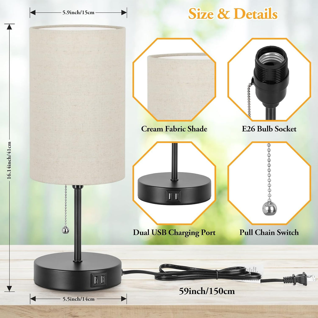 2 Sets Table Lamps with 2 USB, Minimalist Beside lamps for Bedroom, Nightstand Lamps with Pull Chain, Desk Lamps with Cream Fabric Shade…