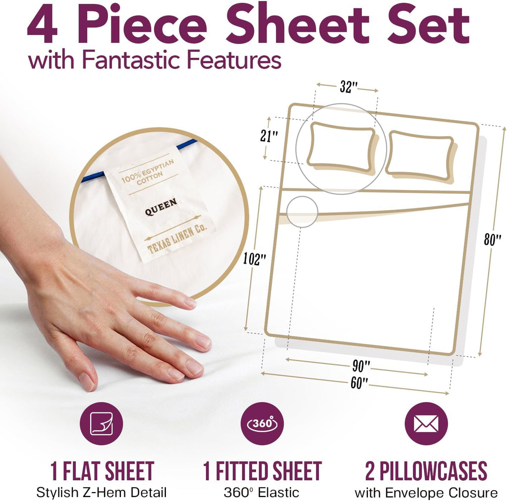 TEXAS LINEN CO. 100% Egyptian Cotton Queen Sheets Set - Luxury 1200 Series Star Sleepin' Damask Egyptian Cotton Sheets Queen Size (4 PC…