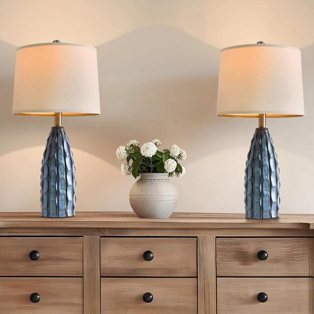 USumkky Ceramic Table Lamps Set of 2, 23.75" Modern Farmhouse Bedside Lamp - Blue Nightstand Lamps for Bedroom, Boho Living Room End…
