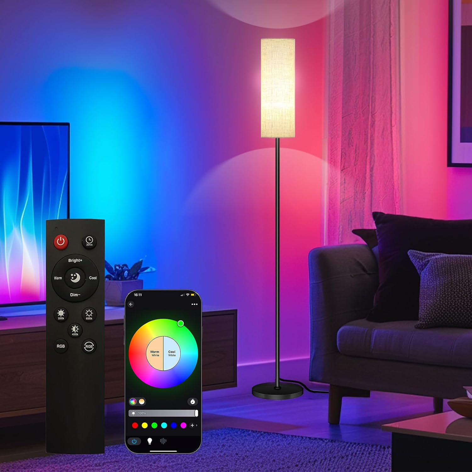 Qaubauyt Smart LED Floor Lamp with APP Control & RGB Colors - Dimmable Standing Lamp for Living Room, Bedroom, Gaming - Remote, Timer, 9W…