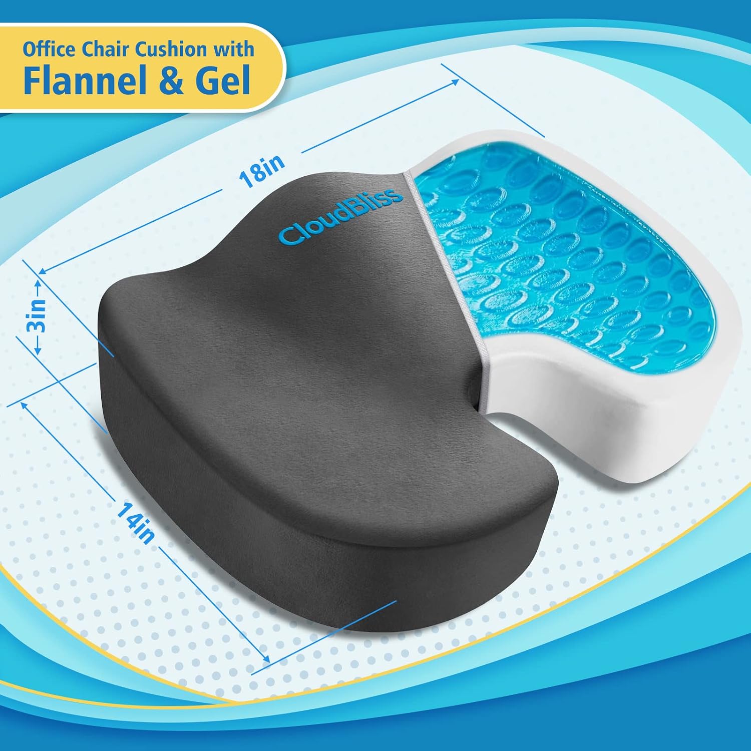 CloudBliss Gel Seat Cushion - Cooling Gel Enhanced, Memory Foam, Ergonomic Seat Cushion for Long Sitting for Office, Game, Car, Airplane…