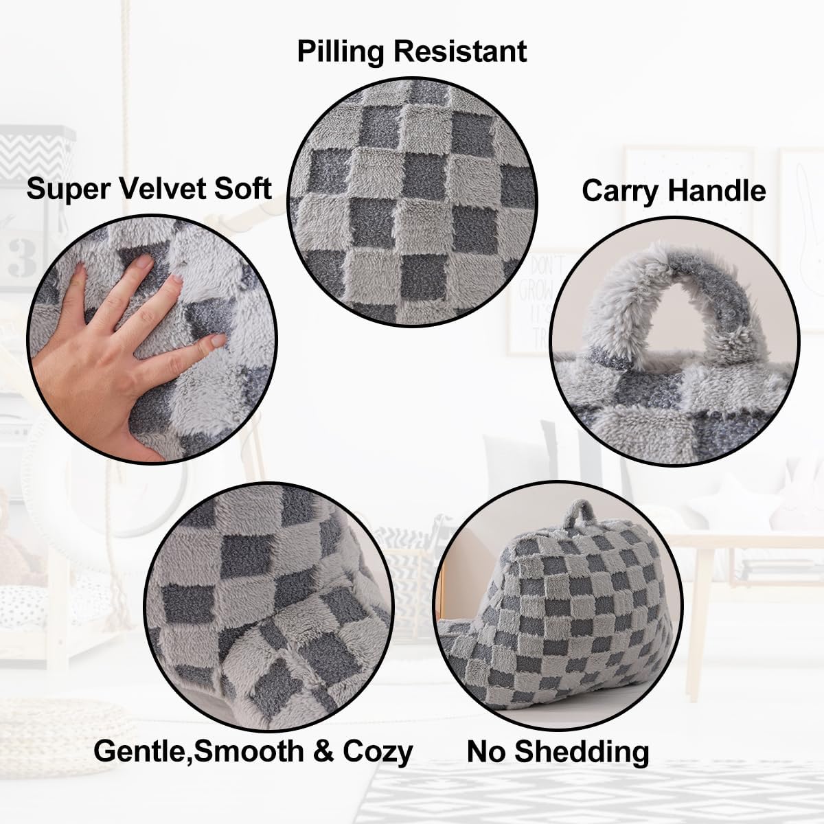 Holawakaka Checkered Reading Pillow for Bed and Sofa Couch Sitting Up, Backrest Pillows with Arms for Kids Teens Adults, Back Support Cushi…