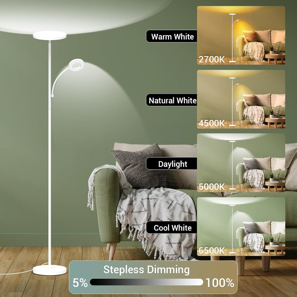 Marctronic White Floor Lamp, 42W 4000LM Super Bright LED Room Lamp with Adjustable Reading Light, Dimmable Modern Standing Lamp with Remote…