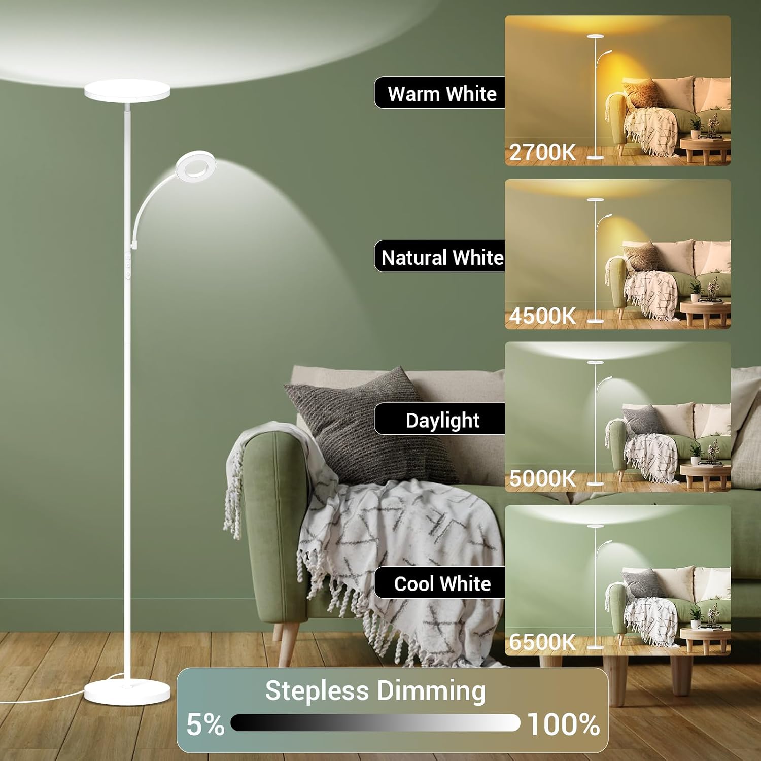 Marctronic White Floor Lamp, 42W 4000LM Super Bright LED Room Lamp with Adjustable Reading Light, Dimmable Modern Standing Lamp with Remote…