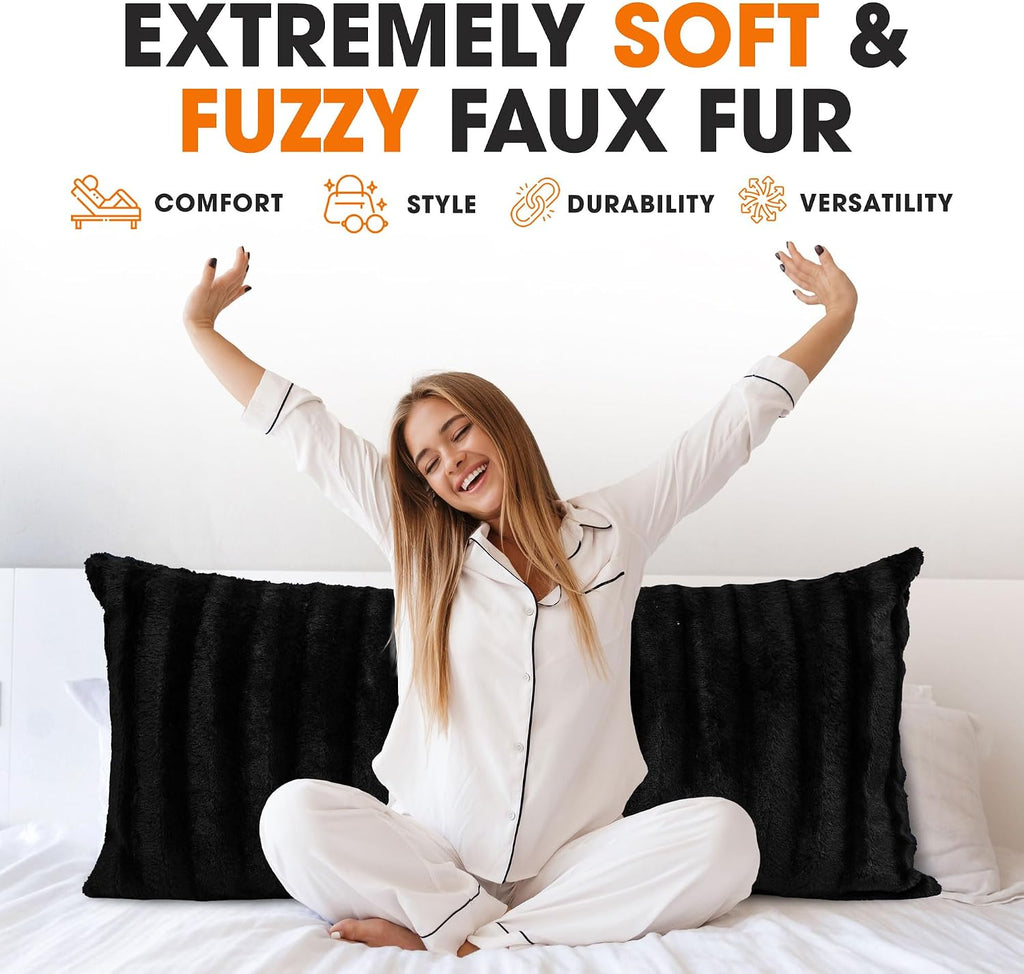 Cheer Collection Faux Fur Long Body Pillow - Accent Throw Pillow for Bed and Couch - Decorative Lumbar Pillow with Insert, Black (18" x 40")