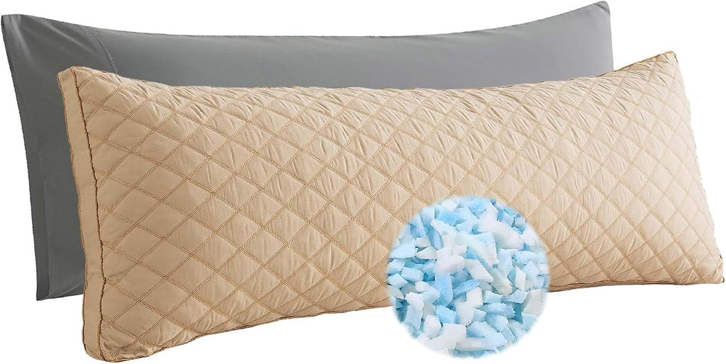 WhatsBedding Memory Foam Body Pillow for Adults, Long Pillow for Sleeping, Full Body Pillow for Bed - Dark Beige Quilted