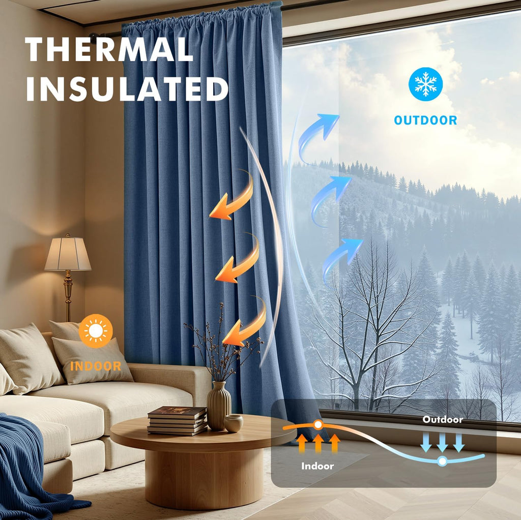 Miulee 100% Blackout Linen Curtains for Bedroom, Blue Solid Luxury Decor Thermal Insulation Room Darkening Drapes for Living Room Nursery B…