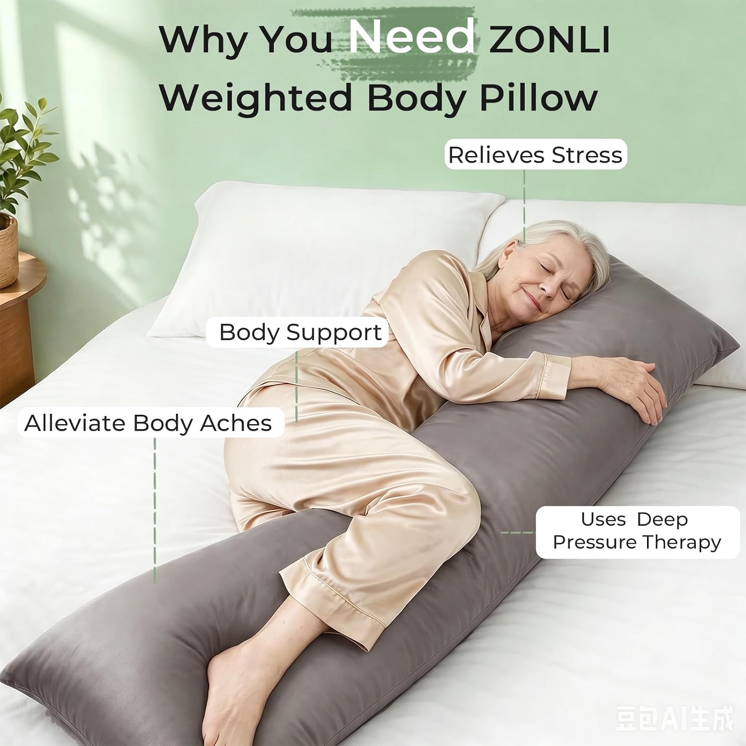 Zonli Cooling Weighted Body Pillow with Bamboo Cover(54" x 18") 10.5lbs, Quilted Glass Beads Body Pillows for Adults Weighted Pillow for De…