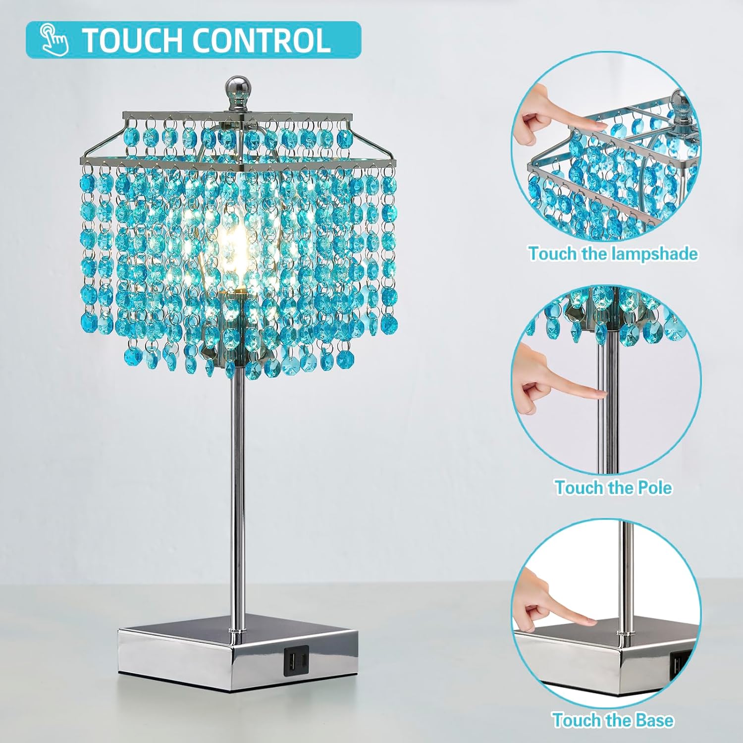 Luvkczc Crystal Table Lamp with Touch Control, Bedside Crystal Table Lamp with USB C+A Ports, Dimmable Lamp for Girls Bedroom, Living…