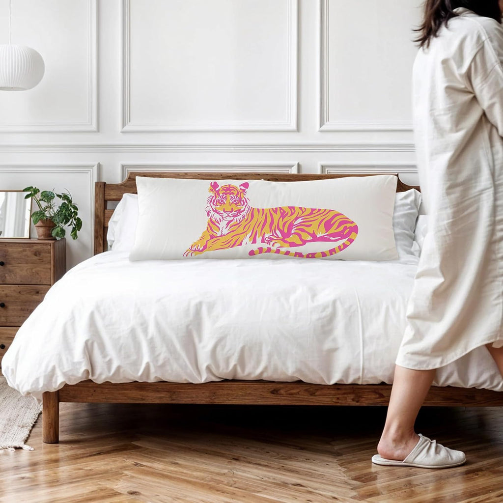 Trendy Pink and Orange Tiger Body Pillow Covers 20x54, Coquette Room Decor, Funky Preppy Tiger Long Body Pillow Case Cover with Hidden…