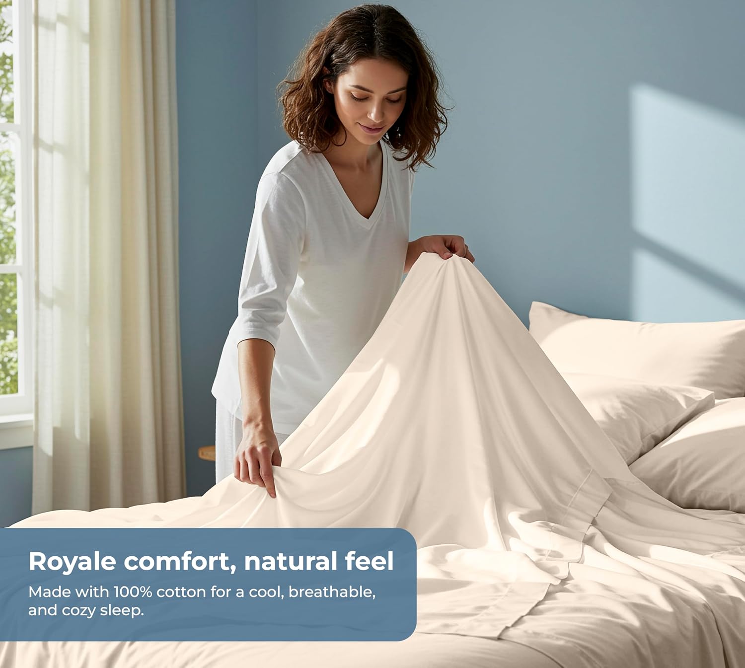 Royalelinens ROYALE LINENS 100% Organic Cotton Twin Sheet Set - Percale Weave - 3 Pieces Set - 1 Flat, 1 Deep Pocket Fitted Sheet and 1 Pil…