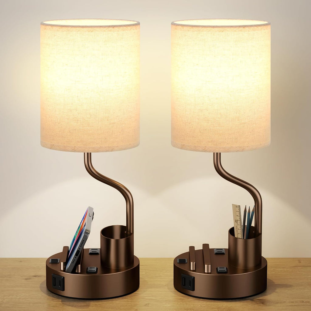 Bedside Table Lamps for Bedroom Set of 2 - Beige Nightstand Lamp with AC Outlet Charging Port and USB A C, 3 Color Temperatures, Included…