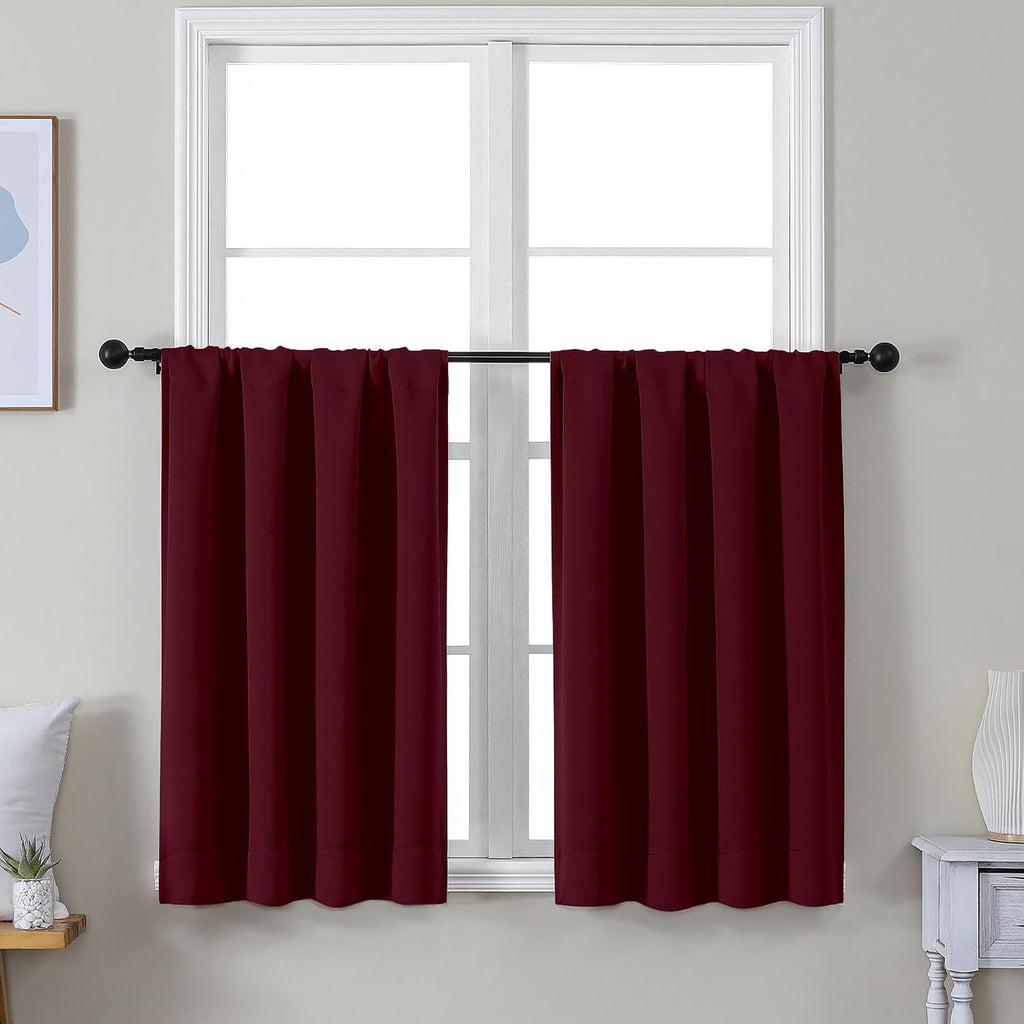 Simplebrand Ava Burgundy Short 36 Inches Blackout Curtain 2 Panels Set, Half Window Rod Pocket Privacy Curtain Tiers for Kitchen, Curtains…