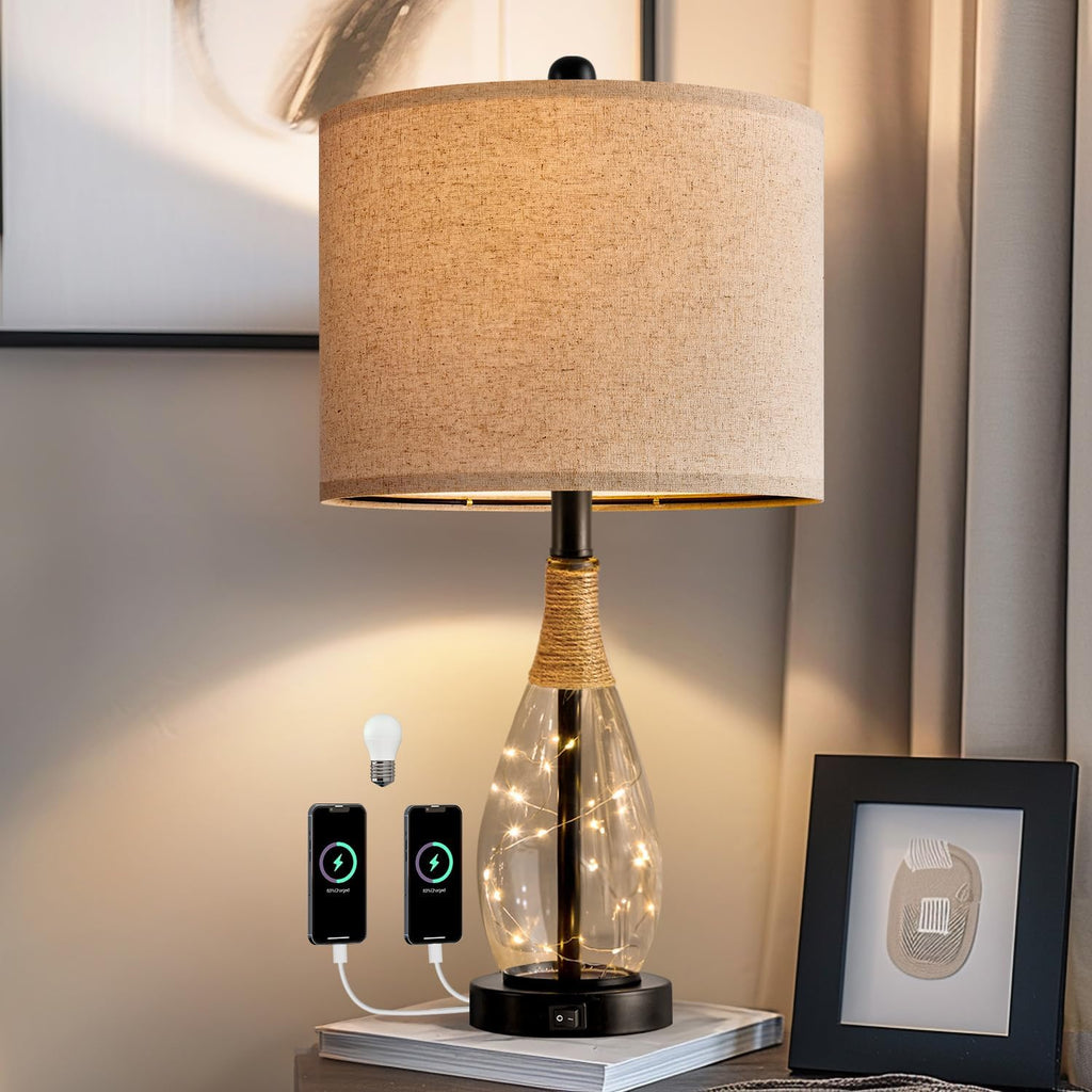 OYEARS Bedside Table Lamp with USB, 23‘’ Black Modern Nightstand Lamps for Bedroom, Retro Rattan Table Lamps for Night Stands, Living…