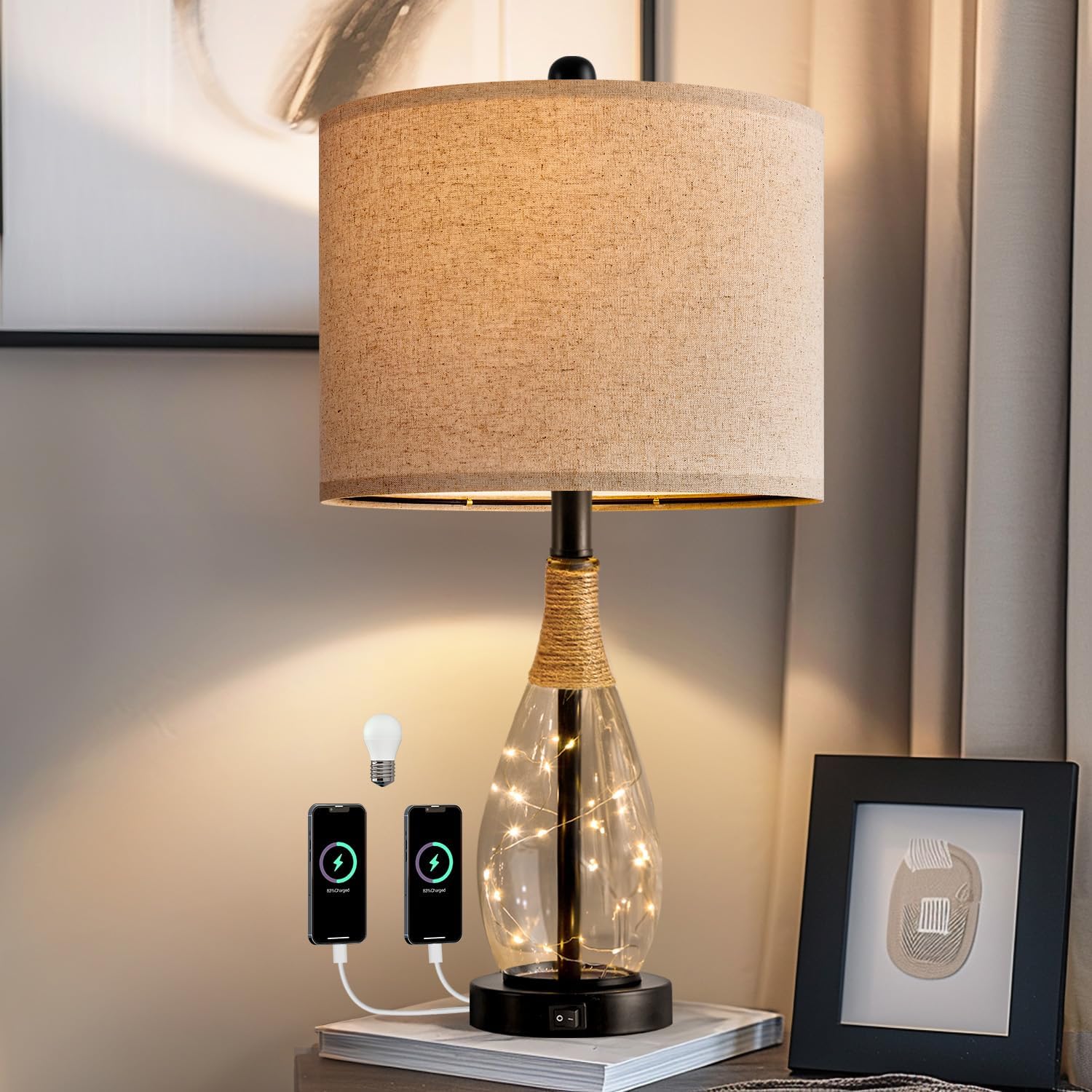 OYEARS Bedside Table Lamp with USB, 23‘’ Black Modern Nightstand Lamps for Bedroom, Retro Rattan Table Lamps for Night Stands, Living…