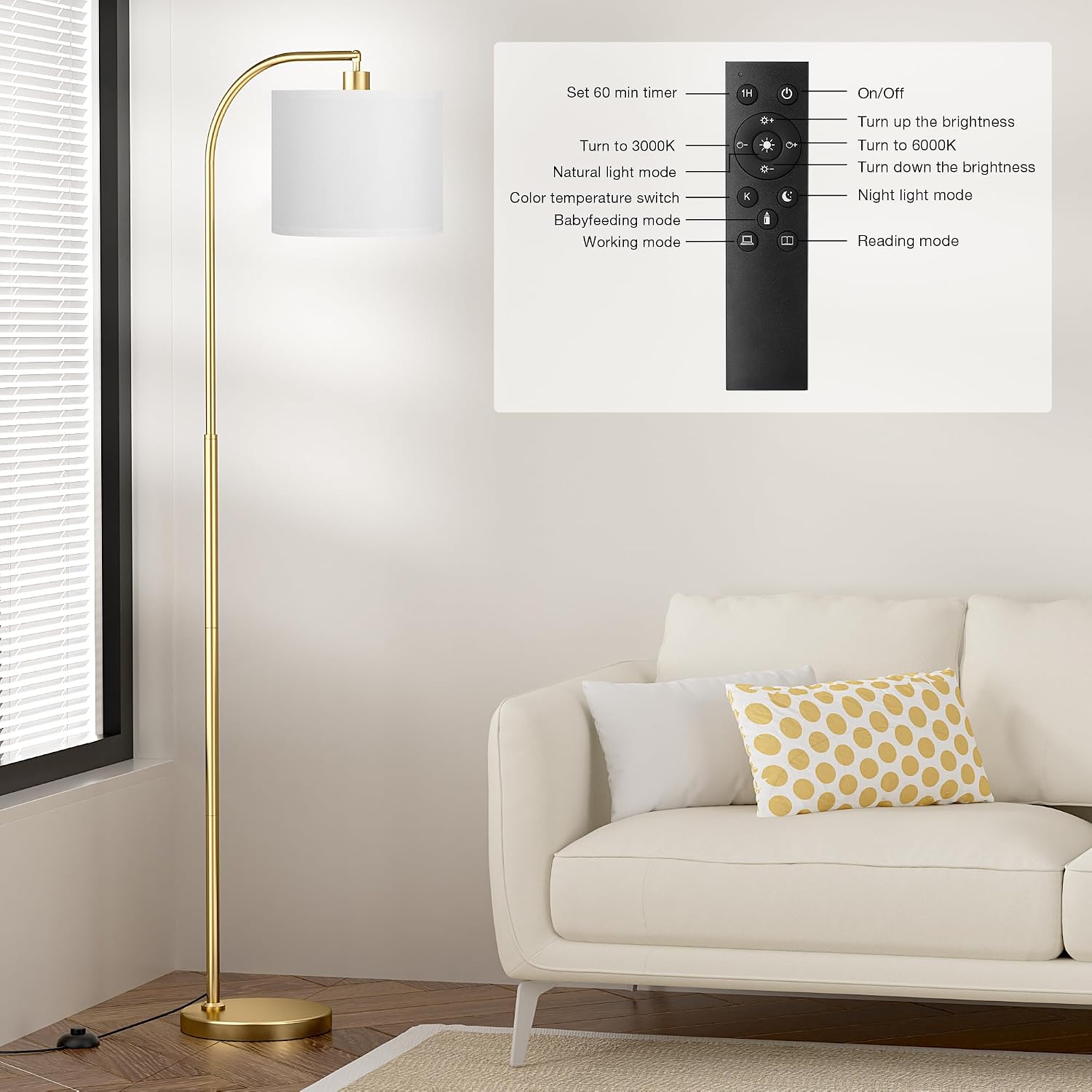 Ambimall Arc Floor Lamp with Remote and Stepless Dimmable Bulb, Colors Temperature & Brightness Adjustable, Floor Lamps for Living Room(Whi…