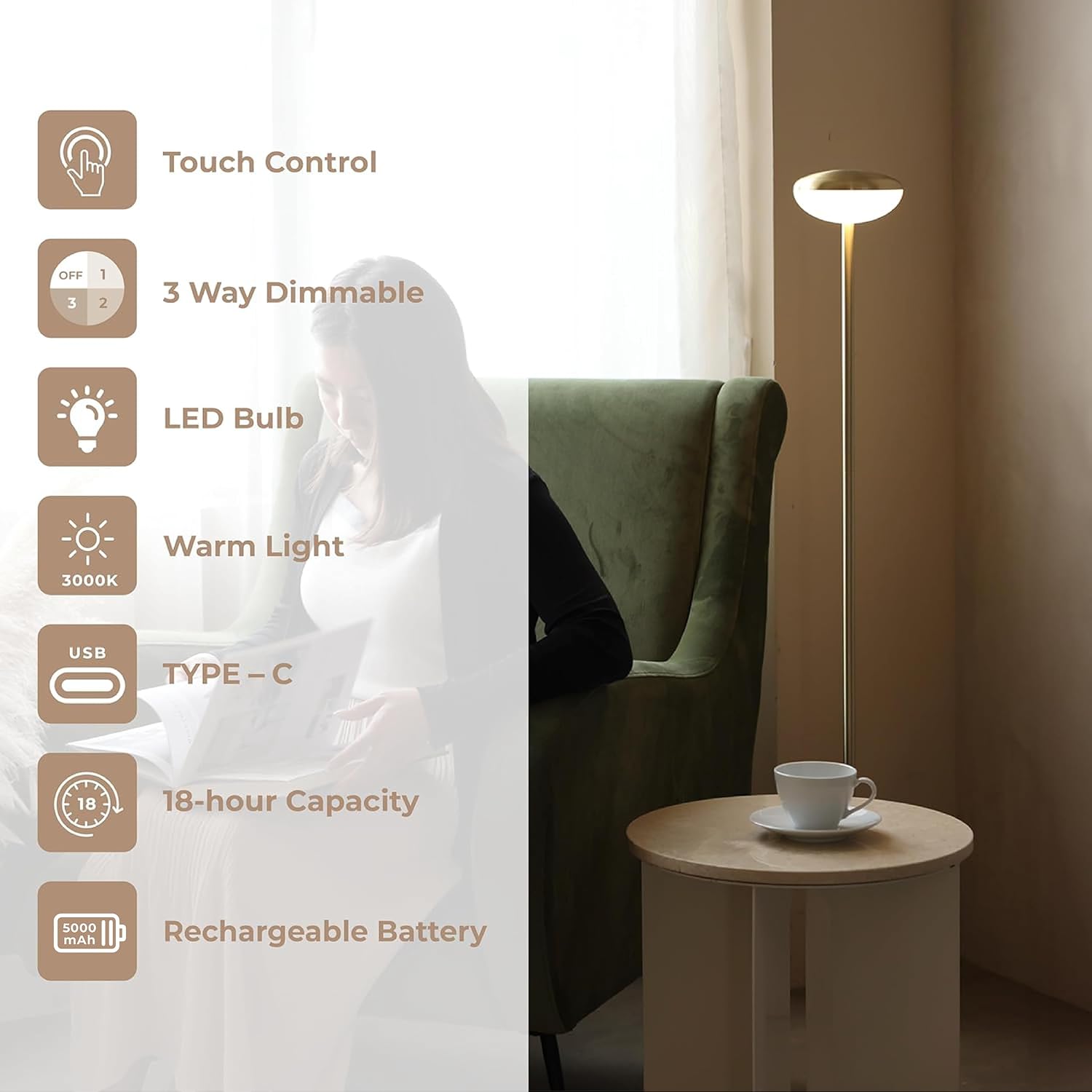Owlpack Pinot Cordless LED Floor Lamp - Rechargeable & Dimmable Standing Lamp - Black