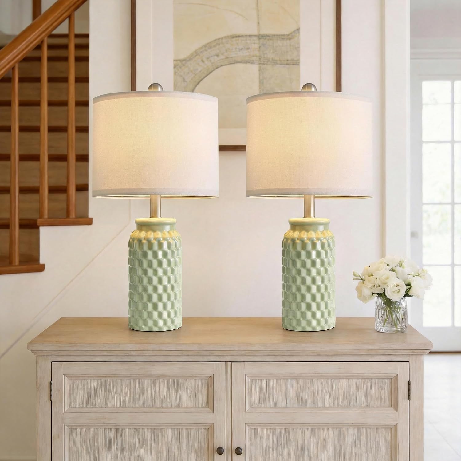 20.5" Small Bedside Lamps Set of 2 with 5FT Cord, Green Ceramic Modern Farmhouse Table Lamps for Nightstand, Living Room, Bedroom, 3D…
