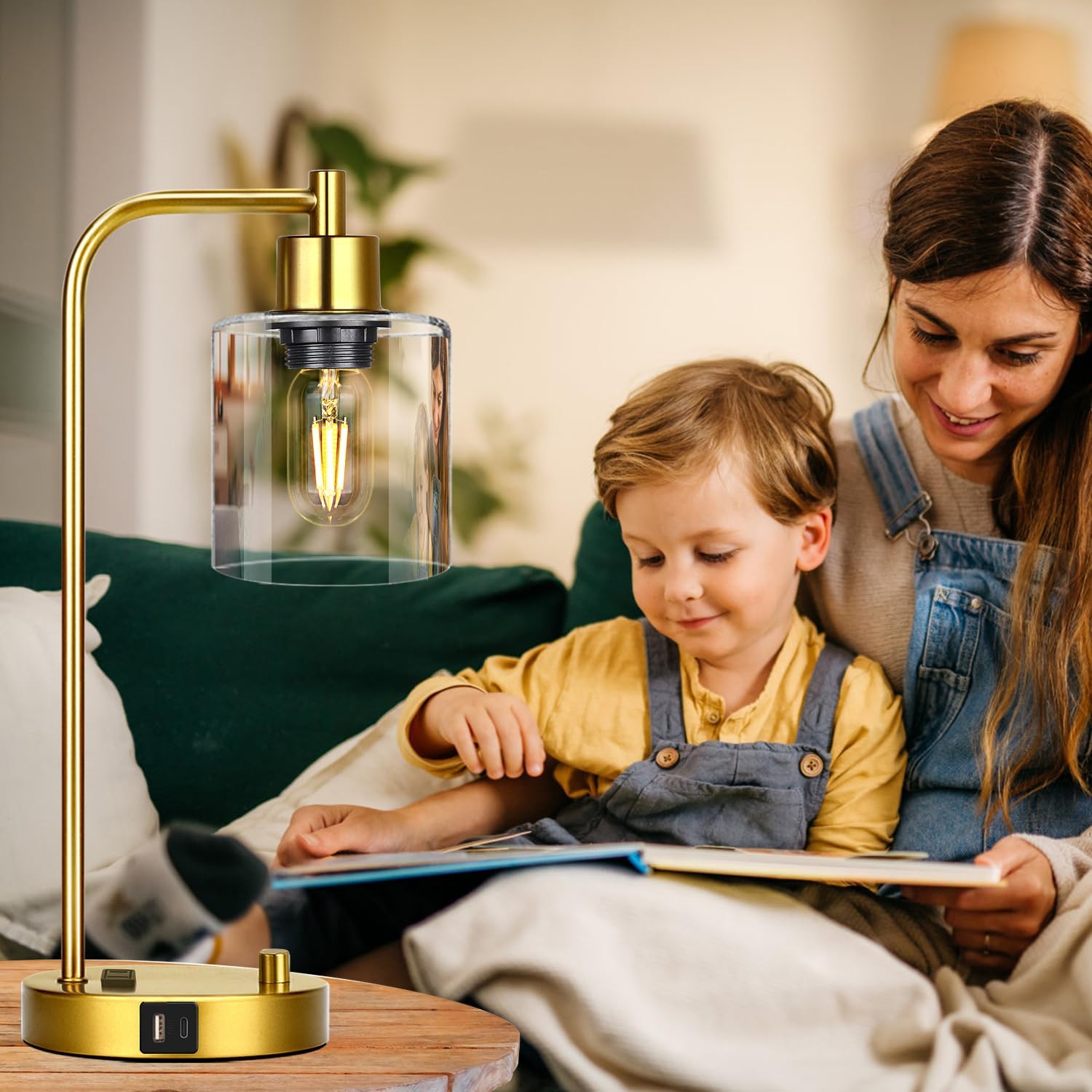 Gold Industrial Table Lamp with USB A+C Ports & Outlet, Fully Stepless Dimmable Modern Nightstand Lamp, Glass Shade Bedside Desk Lamp for…