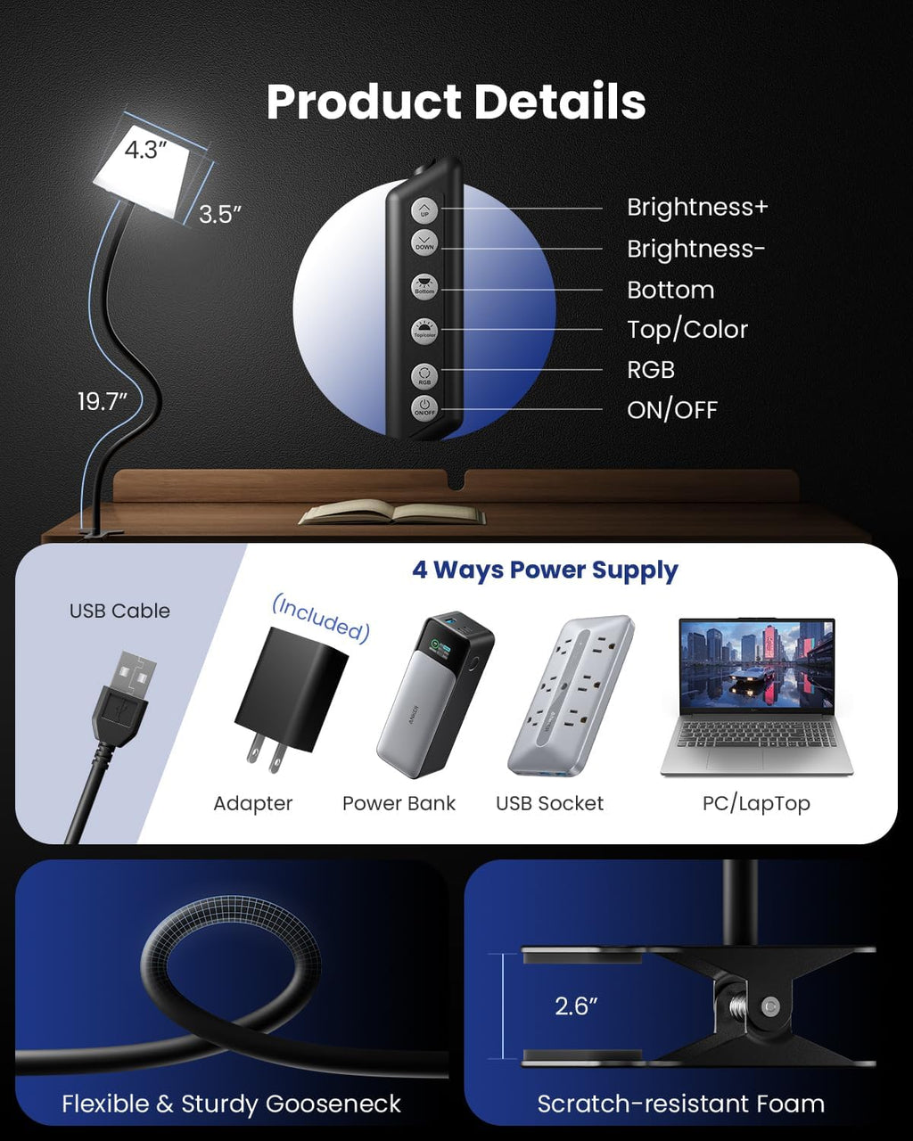 Rdzoko Clip on Light, Reading Light for Bed, RGB Lamp, Dimmable Desk Lamp with Clamp, College Dorm Room Essentials, Cute Bedside Night Ligh…