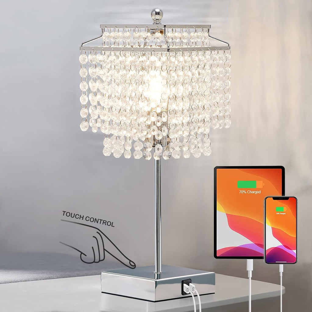 Touch Crystal Table Lamp Silver, Bedside Lamp with USB C+A Ports, Dimmable Nightstand Lamp with Crystal Shade, Bedroom Lamp for Girls…