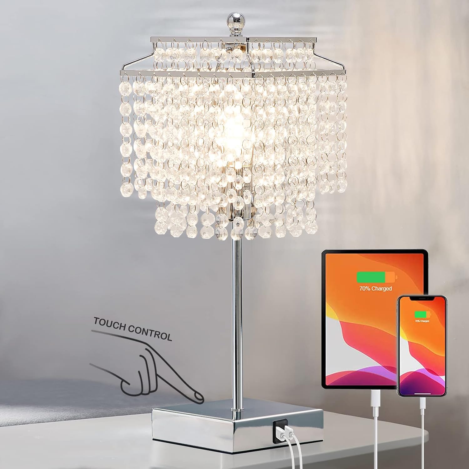 Touch Crystal Table Lamp Silver, Bedside Lamp with USB C+A Ports, Dimmable Nightstand Lamp with Crystal Shade, Bedroom Lamp for Girls…