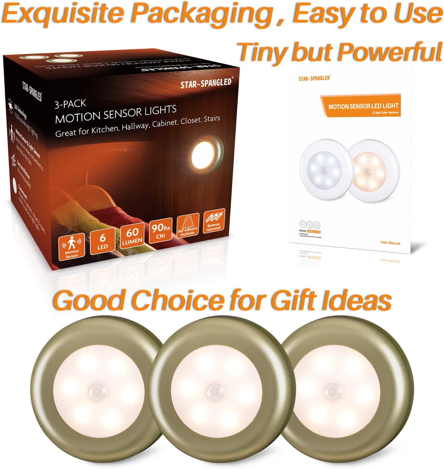 STAR-SPANGLED 3 Pack 2.8” Motion Sensor Lights Indoor AAA Battery Operated, Stick on LED Puck Light for Stairs, Under Cabinet, Closet…