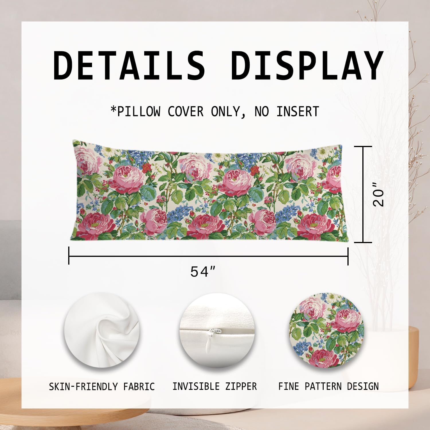 Vintage Rose Floral 20x54 Body Pillow Cover, French Country Blooming Garden Rose Flower Decorative Long Body Pillow Cases for Bed Couch