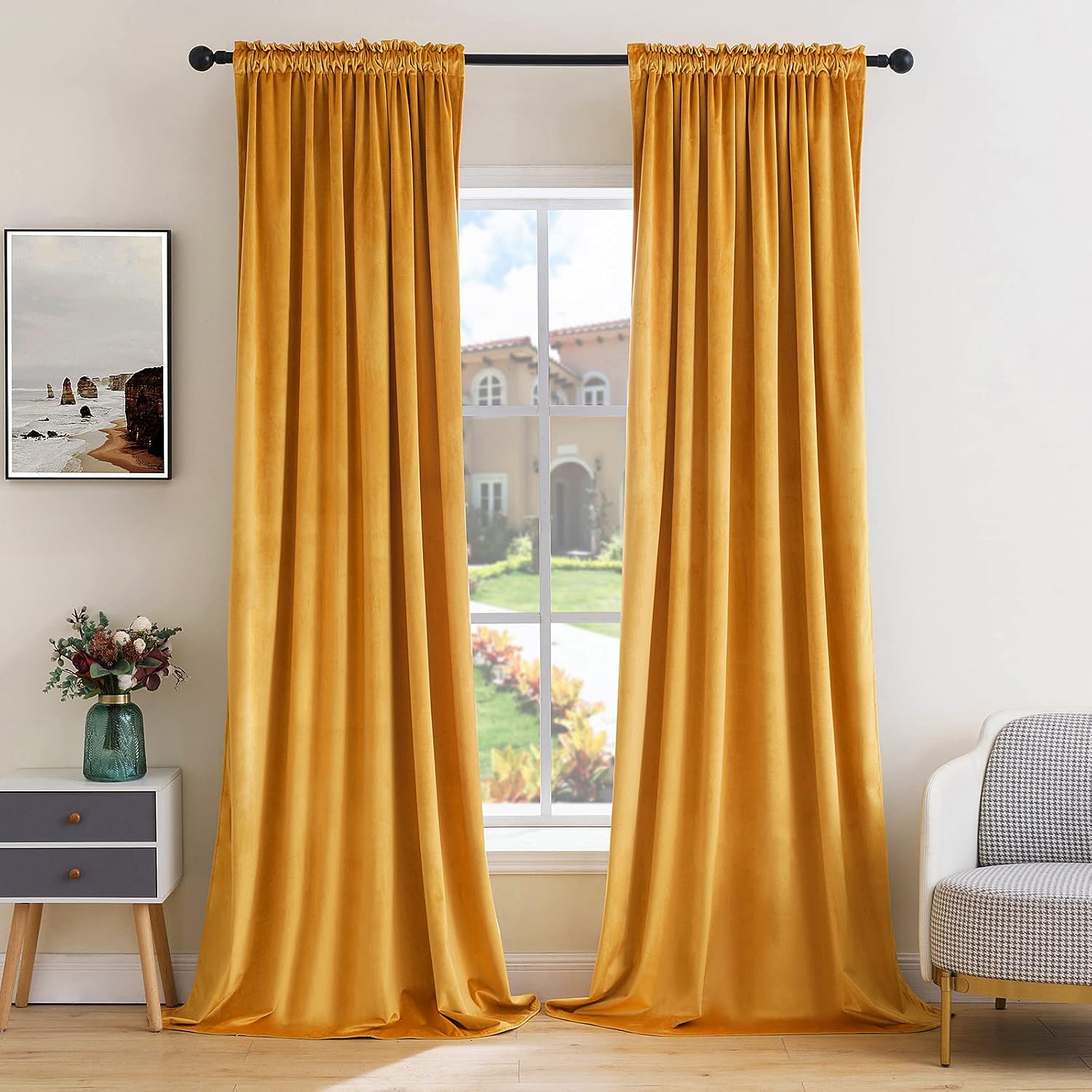 MIULEE Mustard Yellow Velvet Curtains Thermal Insulated Blackout Curtain Fall Drapes for Bedroom Living Room Darkening 84 Inches Long…