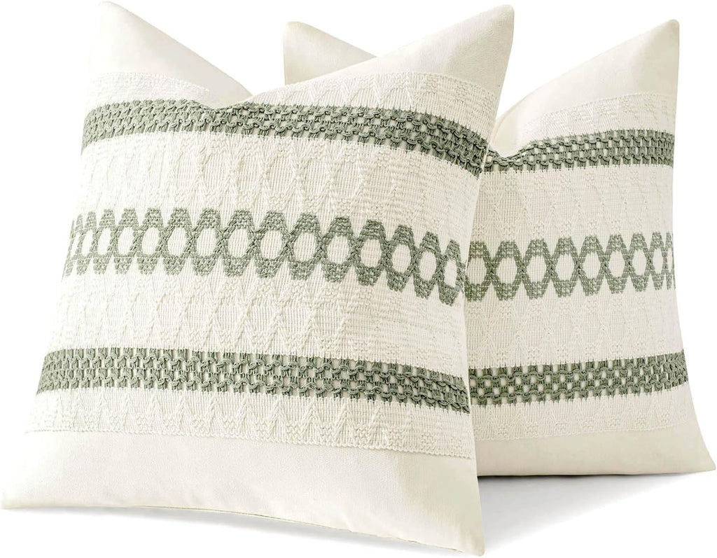 MIULEE Set of 2 Sage Green Boho Decorative Pillow Covers 18x18 Inch Farmhouse Rustic Couch Throw Pillows Modern Summer Cotton Cushion…