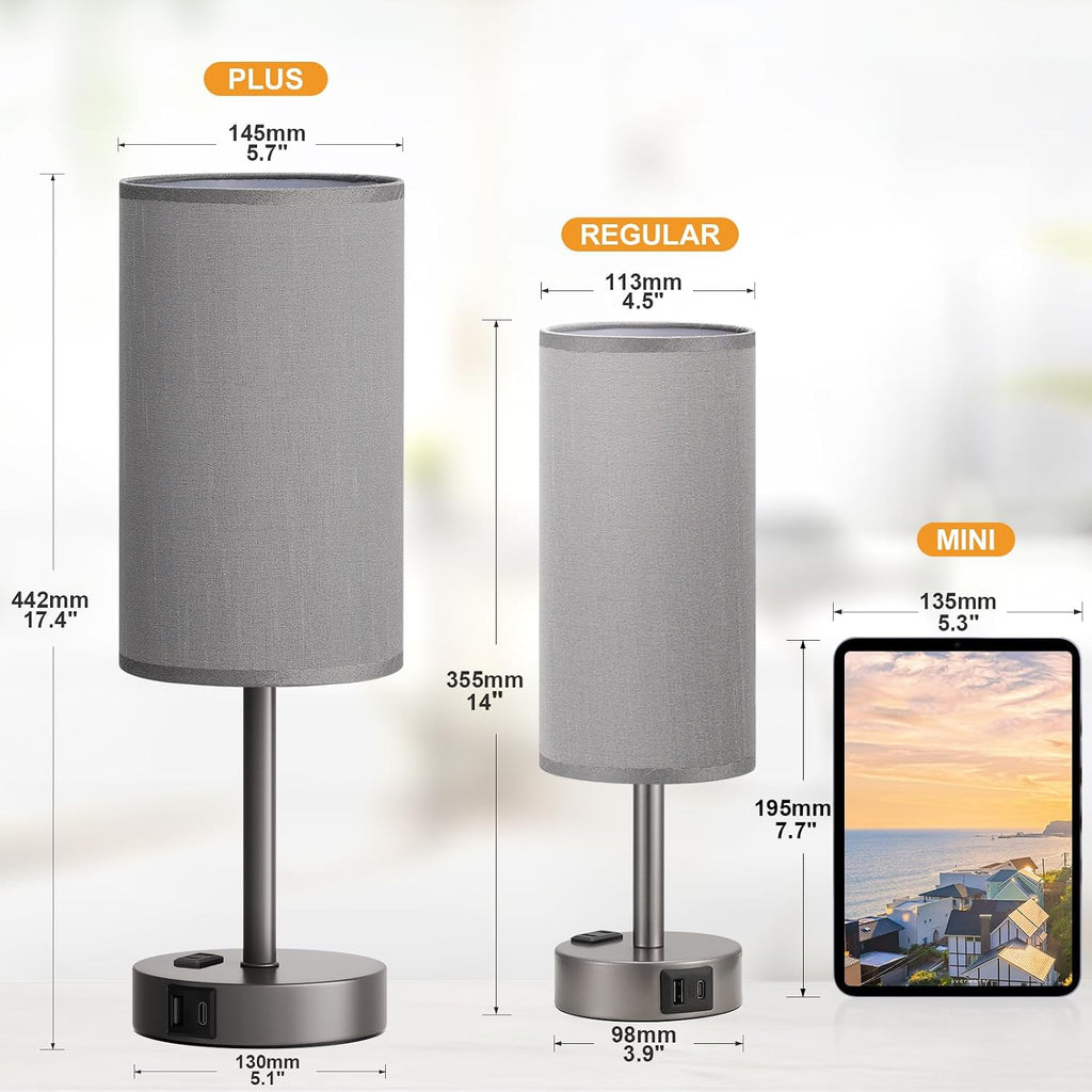 Fenmzee Grey Nightstand Bedroom Lamp - 3 Way Dimmable Bedside Lamp USB C A Charging Ports and AC Outlet, Small Table Lamp Linen Lampshade…
