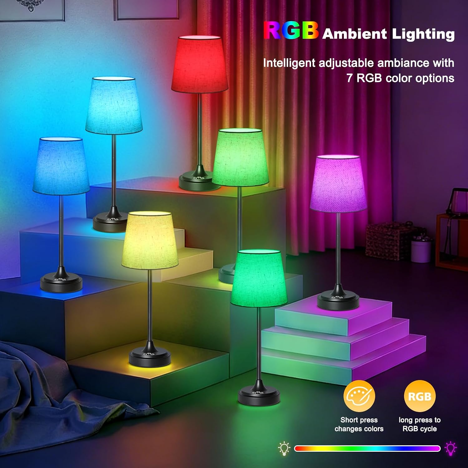 Wowag Cordless Table Lamp Rechargeable,5000mAh Battery Operated Desk Lamp,3 Colors & 7 RGB Stepless Dimmable, Touch Ambient Light for…