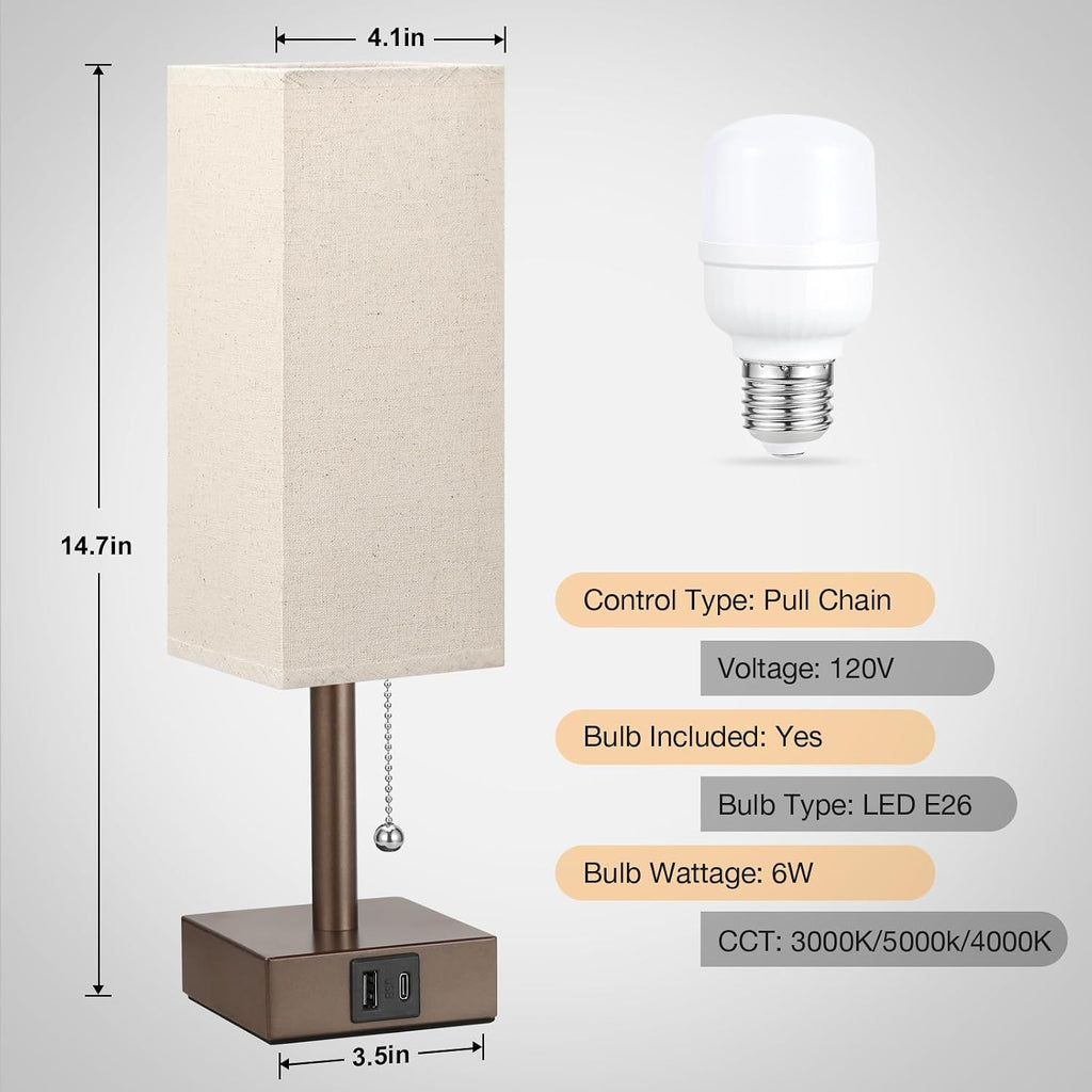 Aooshine Beige Small Table Lamp for Bedroom - 3 Color Temperature 3000K 5000K 4000K Bedside Lamp, Pull Chain Control, USB A and C Ports, Br…