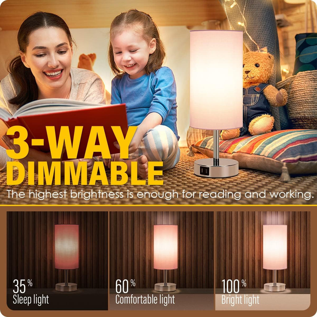Yarra-Decor Bedside Lamp with USB Port - Touch Control Table Lamp for Bedroom 3 Way Dimmable Nightstand Lamp with Round Pink Fabric Shade…