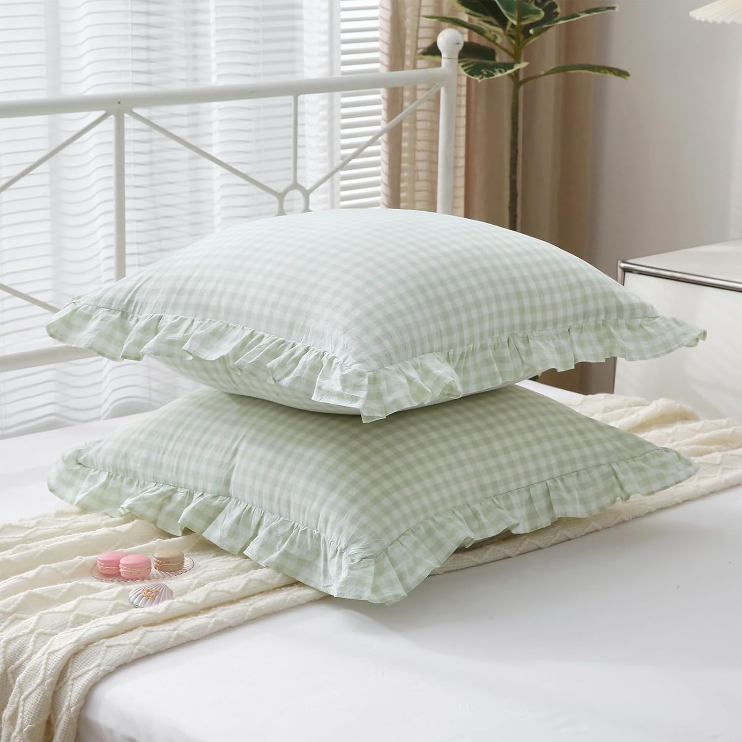 Kmasaniji 2 Pack Pile Green White Plaid Ruffle Gingham Euro Shams Pillow Covers, 100% Washed Cotton Checkered Farmhouse Pillowcases for Bed…