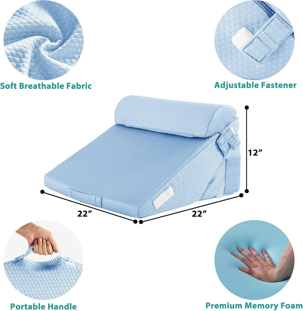 Bedluxe 3Pcs Orthopedic Bed Wedge Pillow Set, Foam Wedge Pillow Post Surgery for Back, Leg and Knee Support, Adjustable 9&12 Inch Folding T…