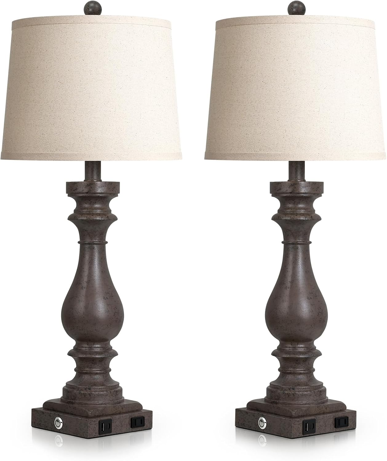Cinkeda 29" Tall Farmhouse Table Lamp for Living Room Set of 2, Vintage Retro Nightstand Lamps with USB C+A Ports & AC Outlet,3-Way…