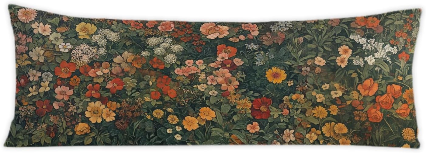 Vintage Moody Floral 20x54 Body Pillow Cover, Cottagecore Home Decor, Farmhouse Colorful Flower Botanical Decorative Long Body Pillow…