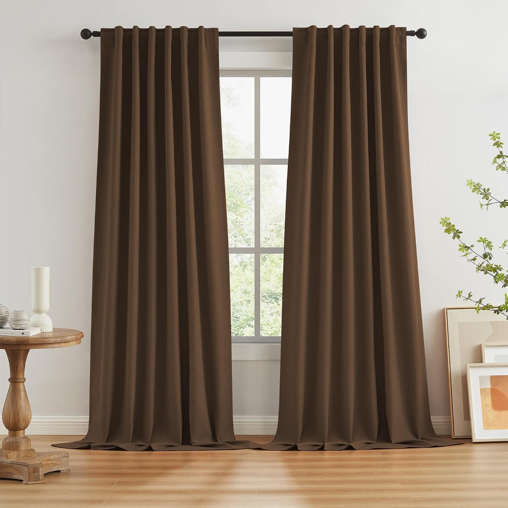 Keqiaosuocai Brown Linen Textured Blackout Curtains 120 Inches Long for Living Room, Light Blocking Canvas Look Curtain Drapes Chocolate Br…