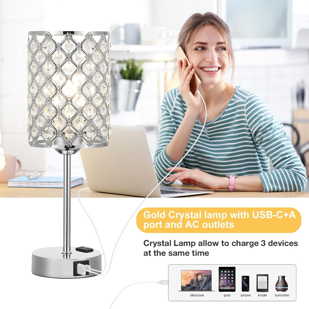 Hong-in Crystal Table Lamp, Crystal Lamp Touch Control with USB-C USB-A Charging Ports & AC Outlets, 3 Way Dimmable Bedside…