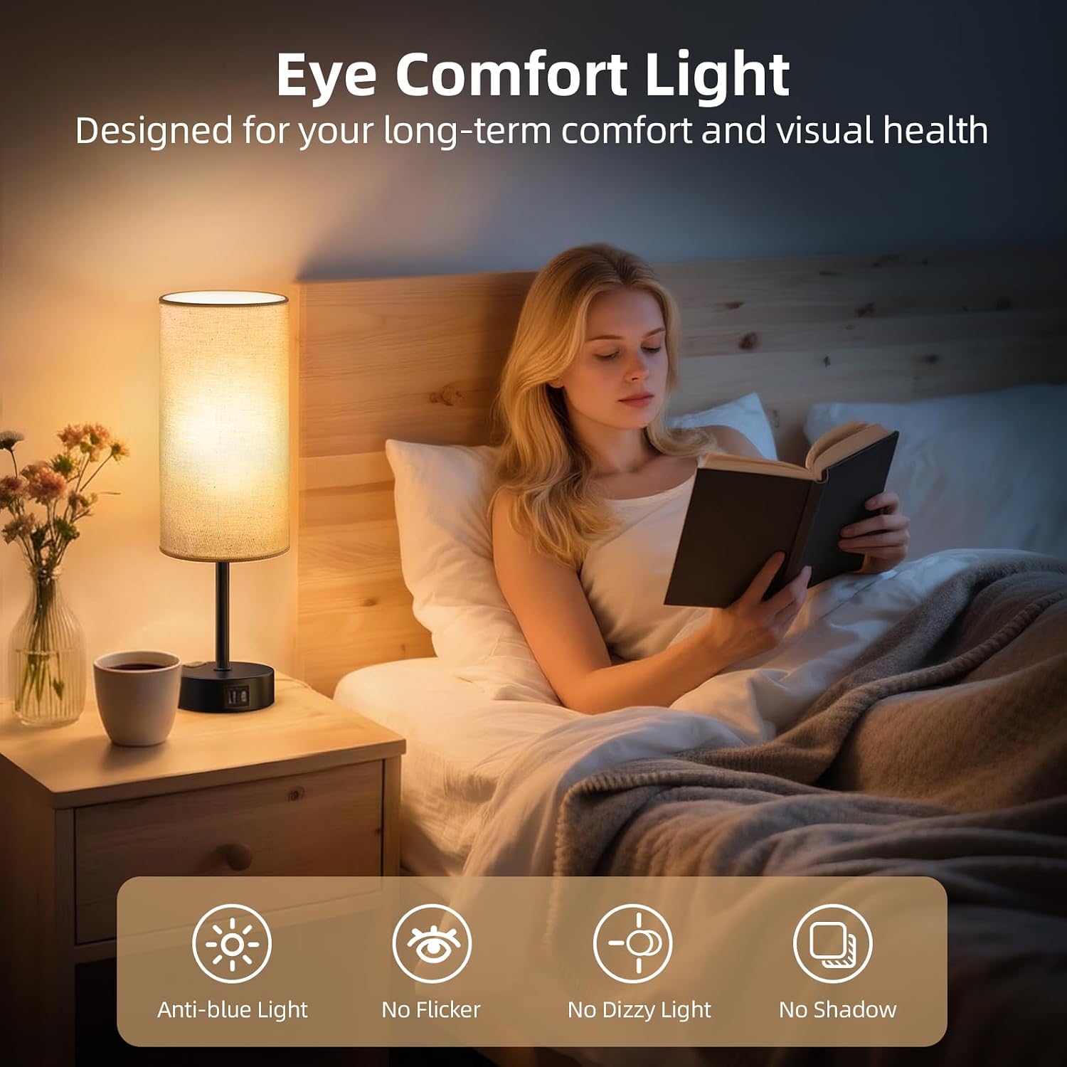Fitfull Table Lamp for Nightstand, High-Sensitivity Touch, 3-Level Dimmable Bedside Lamp with AC Outlet | USB | and USB-C, Ideal Nig…