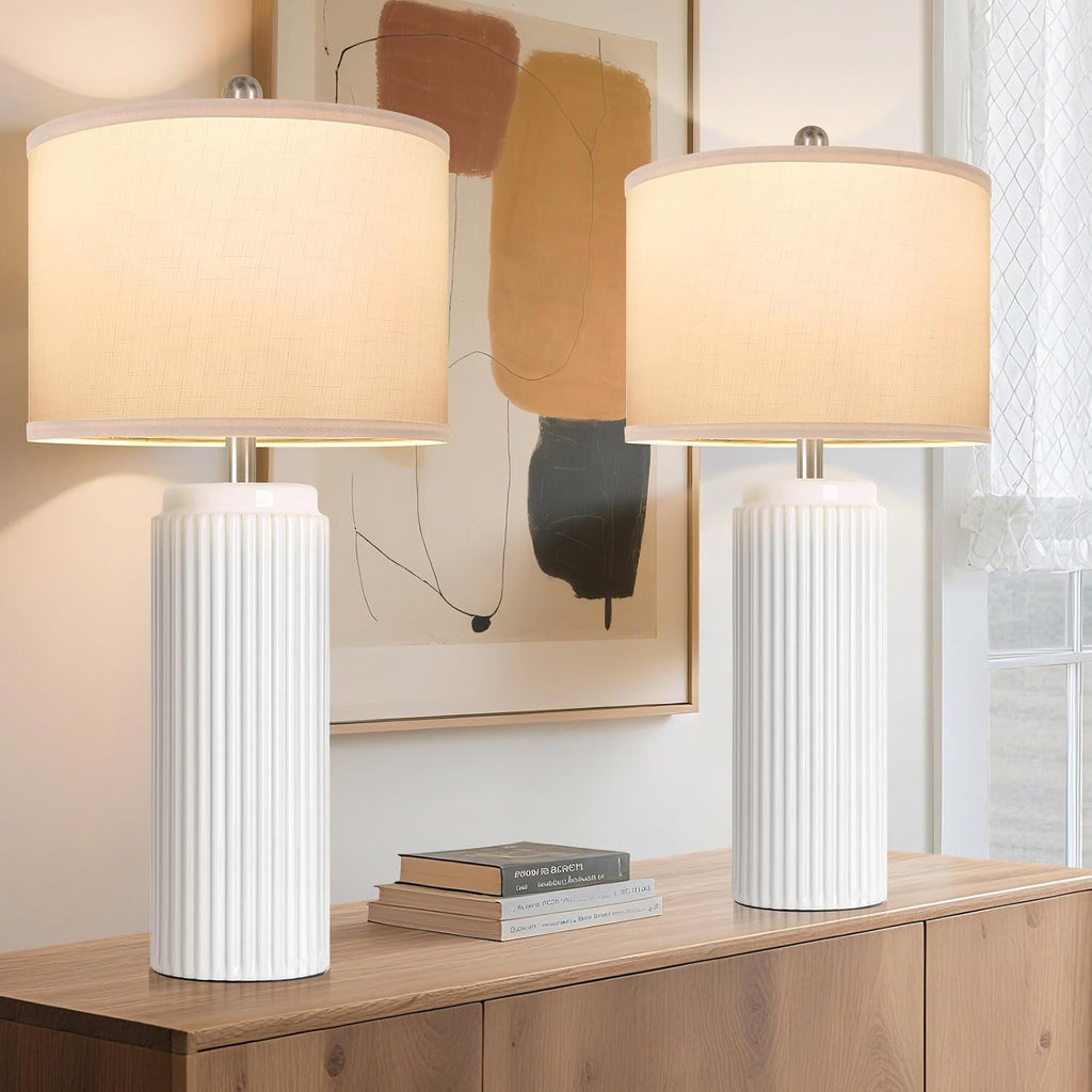 Tobusa 28’’ Modern White Ceramic Lamps Set of 2 for Living Room, Vintage Nightstand Lamps for Bedroom, Farmhouse Bedside Lamps with Linen S…
